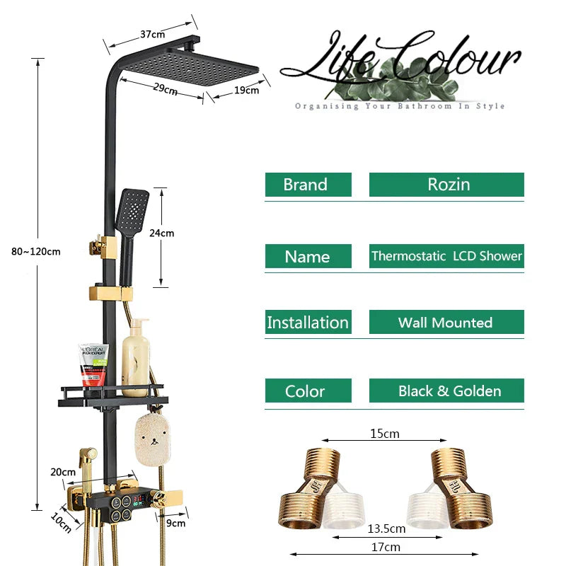 DecorBites™ Gold Thermostatic Shower Faucet Set: Smart Digital Mixer, Wall Mounted Rainfall System