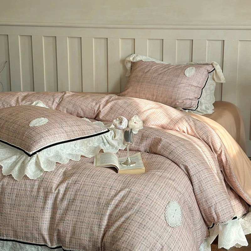 DecorBites™ French Lace Ruffles Lattice Bedding Set 1000TC Egyptian Cotton Duvet Cover Sheets Pillows