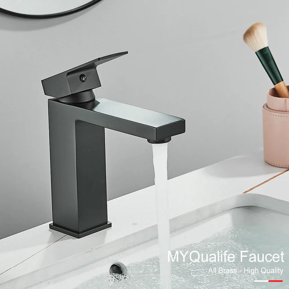 DecorBites™ Black Brass Square Basin Faucet: Bathroom Washbasin Mixer Tap, Single Handle Tall Model.
