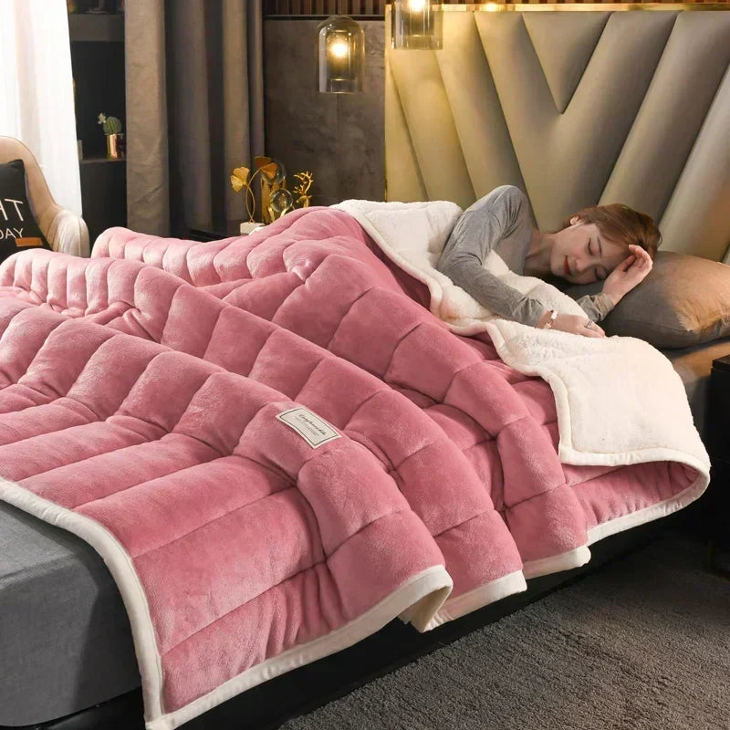 DecorBites™ Cozy Flannel Fleece Lambswool Blanket - 3 Layers, Warm & Soft for Bed.