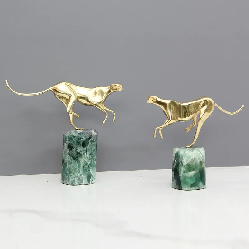 DecorBites™ Golden Leopard Brass Cheetah Green Marble Figurine Metal Decor Accessory