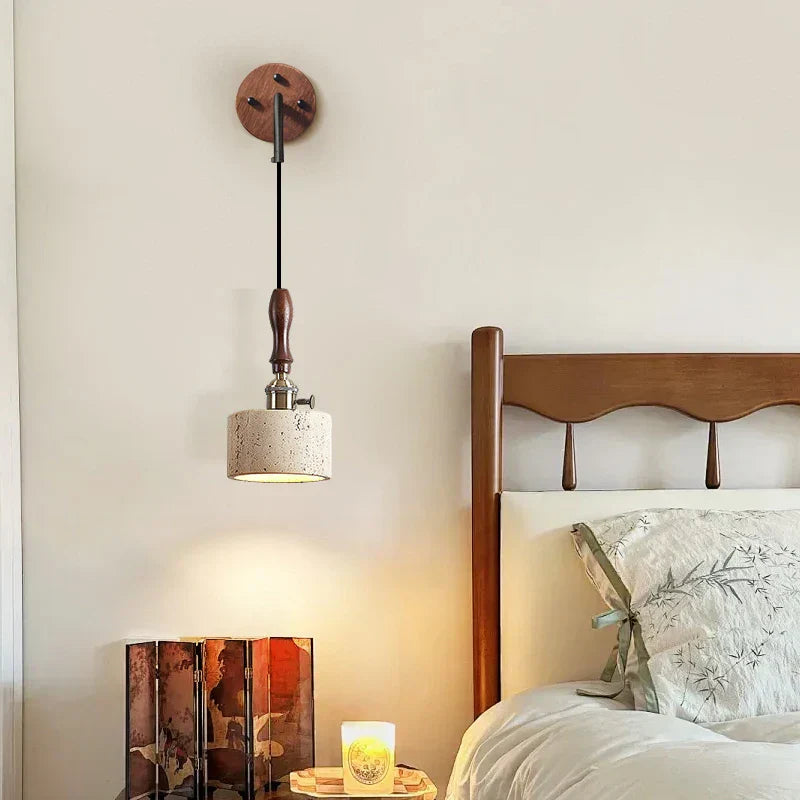 DecorBites™ Copper Wood LED Wall Sconce Yellow Travertine Stone Bedside Light