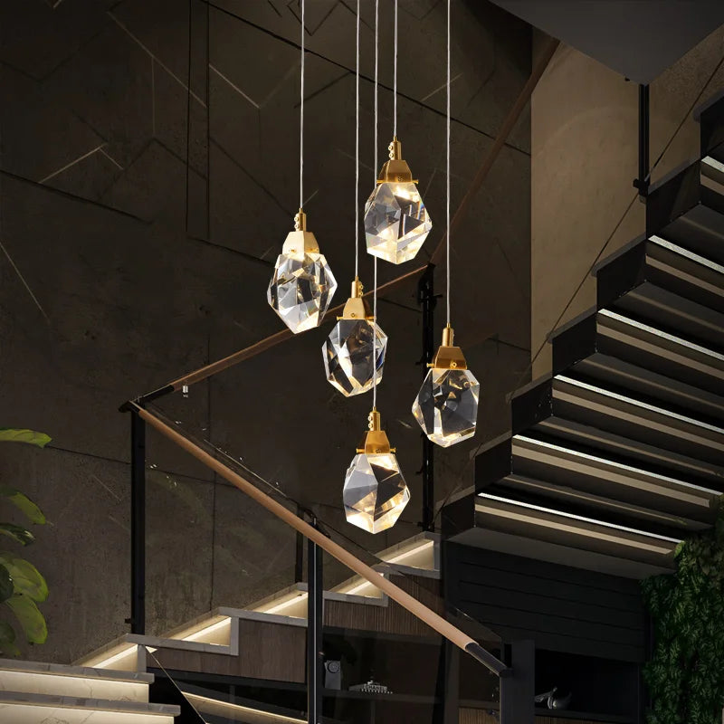 DecorBites™ Diamond Crystal Chandelier Staircase LED Golden Large Living Room Hall Lighting