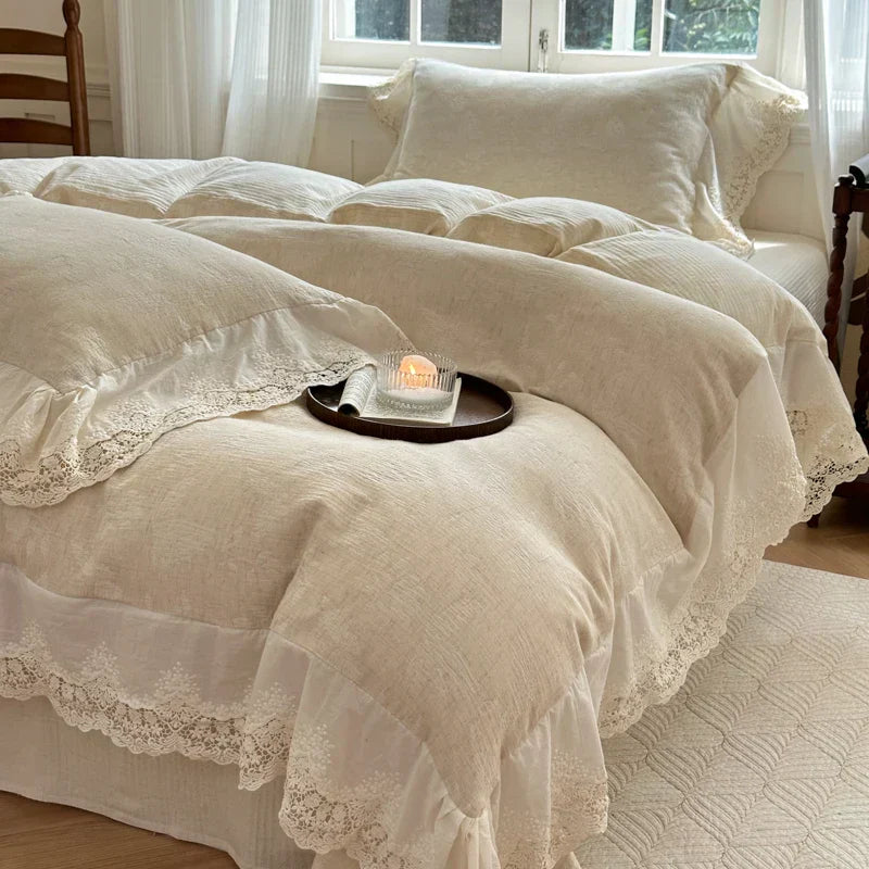 DecorBites™ Jacquard Linen Cotton Ruffles Bedding Set with French Lace in Natural Skin Tone