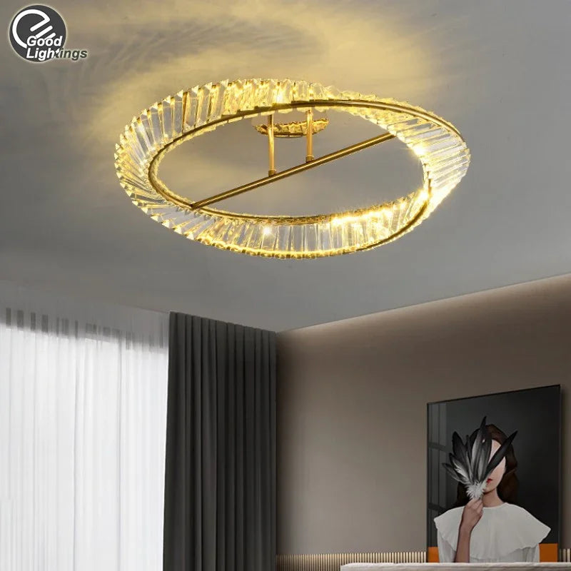 DecorBites™ Gold Ring Crystal LED Ceiling Chandelier for Bedroom Living Room Hallway