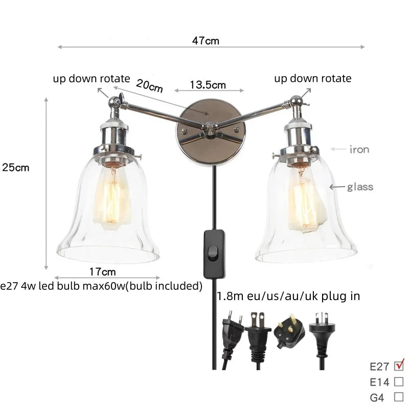 Modern chrome double glass led wall lamps bedroom sconce light fixtures