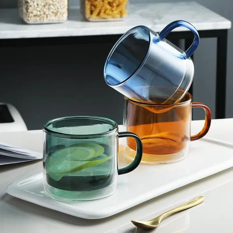 DecorBites™ Double Bottom Glass Mugs Set - 250ml Wine Whiskey Coffee Tea Juice Water Cups