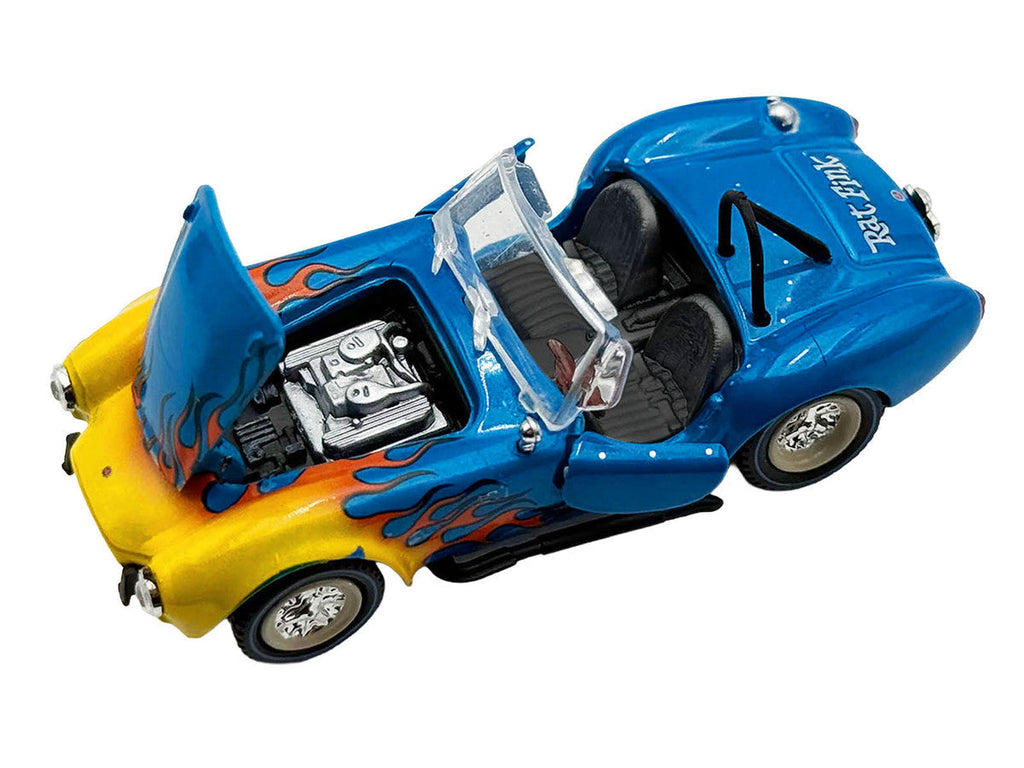 Shelby Cobra Super Snake Blue Metallic with Flames and Custom "Rat Fink" Hauler Blue Metallic with Flames and Graphics 1/64 Diecast Model Cars by ACME