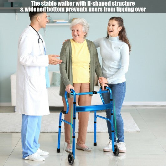 Aluminum Heavy-Duty Folding Wheeled Stand-Assist Walker-Blue - Color: Blue
