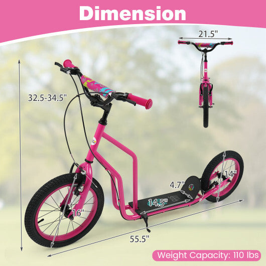 Youth Scooter with Adjustable Handlebar and 16/14-Inch Inflatable Wheels for Age 8+ Years Old-Black