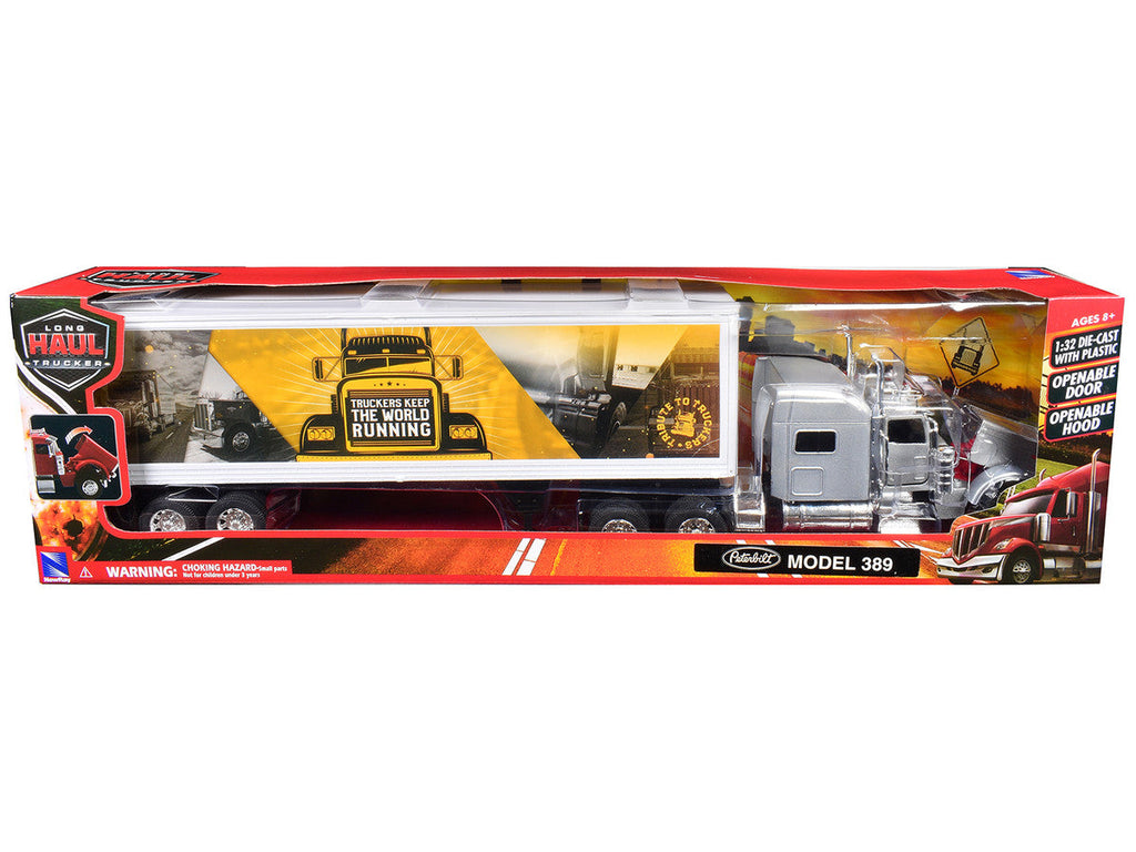 Peterbilt 389 Truck Silver Metallic with Dry Van Trailer "Trucker Keep The World Running" "Long Haul Truckers" Series 1/32 Diecast Model by New Ray