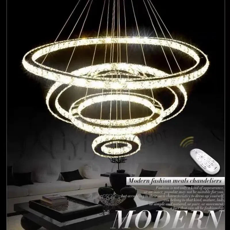 DecorBites™ Crystal Rings LED Chandelier, Chrome Lustre Ceiling Pendant for Living Room