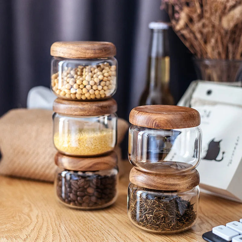 DecorBites™ Glass Spice Jar with Acacia Wood Lid, 10oz Airtight Storage Container