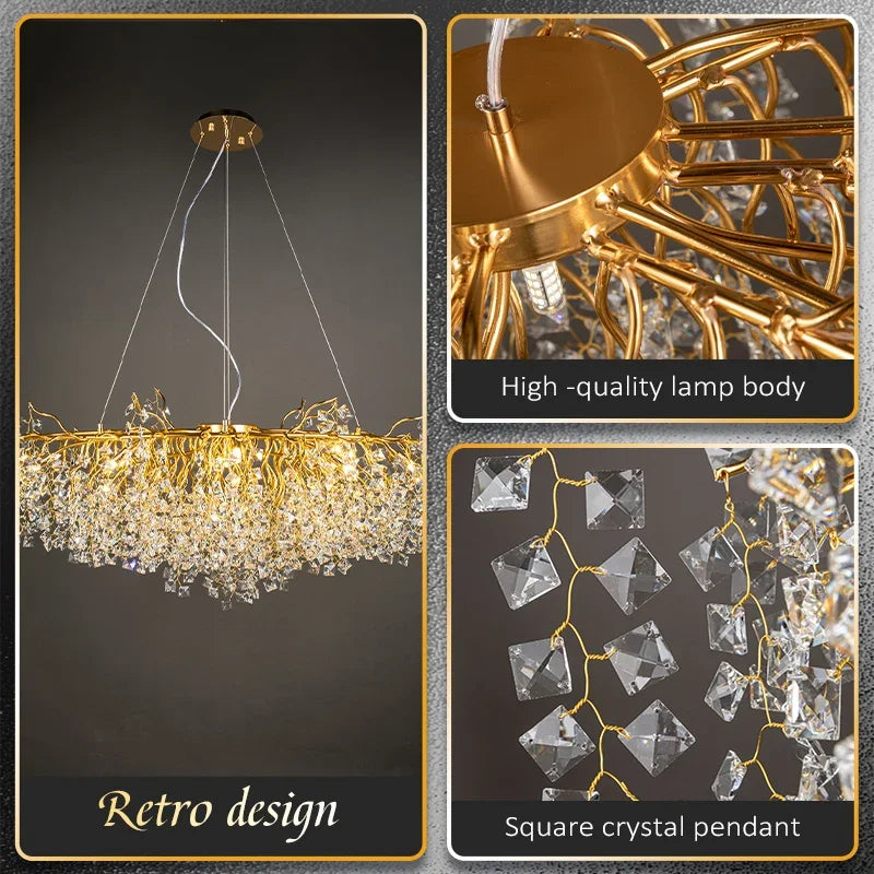 DecorBites™ Gold Crystal Chandelier LED Round Light Island Branch Chandelier