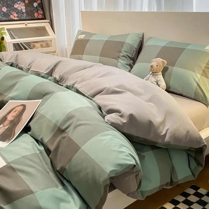 DecorBites™ Japanese Grid Printed Cotton Bedding Set in Queen/King for Cozy Sleep
