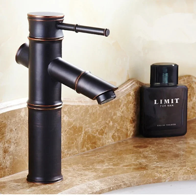 DecorBites™ Black Bronze Waterfall Faucet Bamboo Bathroom Sink Tap High Arch Mixer