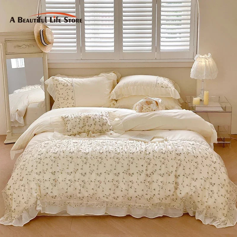 DecorBites™ French Princess Floral Lace Ruffles Bedding Set with Imitation Pearls