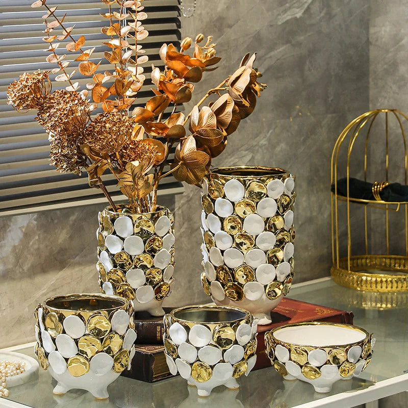 DecorBites™ Geometric Gold Leaf Relief Ceramic Vase - Elegant Hand-Appliqued Flower Pot Home Decor