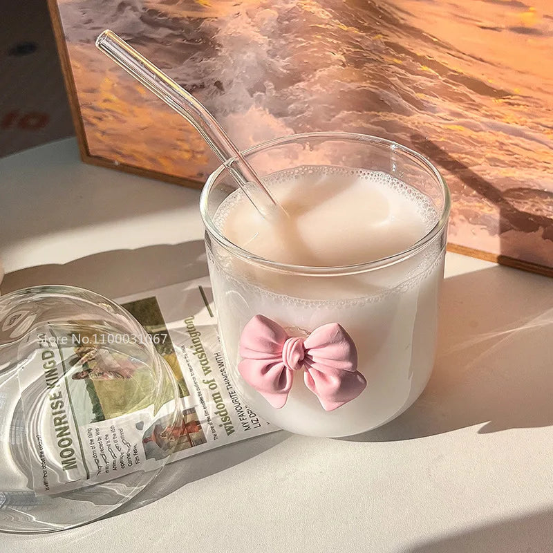 DecorBites™ Glass Cup with Lid, Straw, and Pink Bow Tie: Cute, Simple, High-Value Coffee Cup