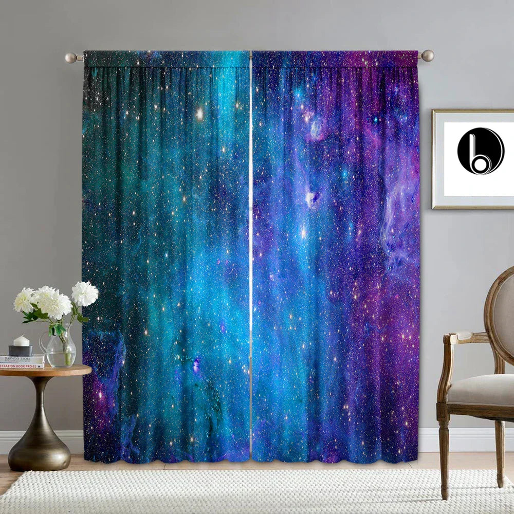DecorBites™ Dark Blue Forest & City Night View Modern Printed Curtains