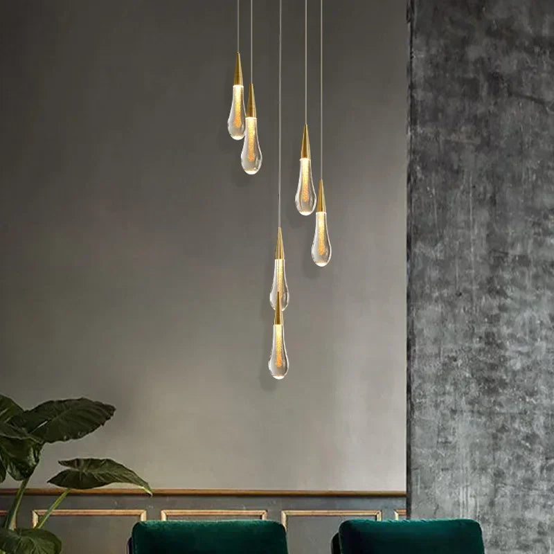 DecorBites™ Gold Drop Design LED Crystal Chandelier for Staircase & Lobby