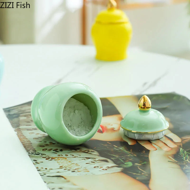 DecorBites™ Gold Tea Canister Ceramic Storage Jar with Lid for Desk Decoration