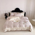 Butterfly flowers embroidery cream satin bedding set bedroom decor