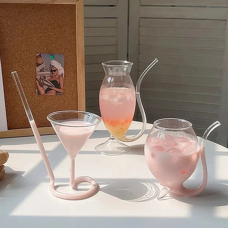 DecorBites™ Heart Love Glass Mug Set - Couple Cups, Bird & Cocktail Glass Tea Coffee Cup