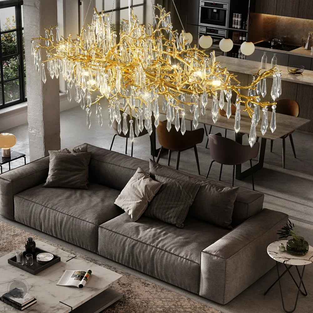 DecorBites™ Golden Crystal Chandelier - Modern Luxury Long Light for Kitchen, Dining, Living, Bedroom