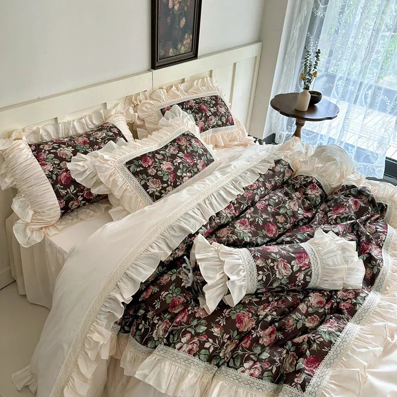 DecorBites™ French Rose Flowers Pattern Bedding Set, 100% Cotton, Ruffles, Duvet Cover, Bed Skirt
