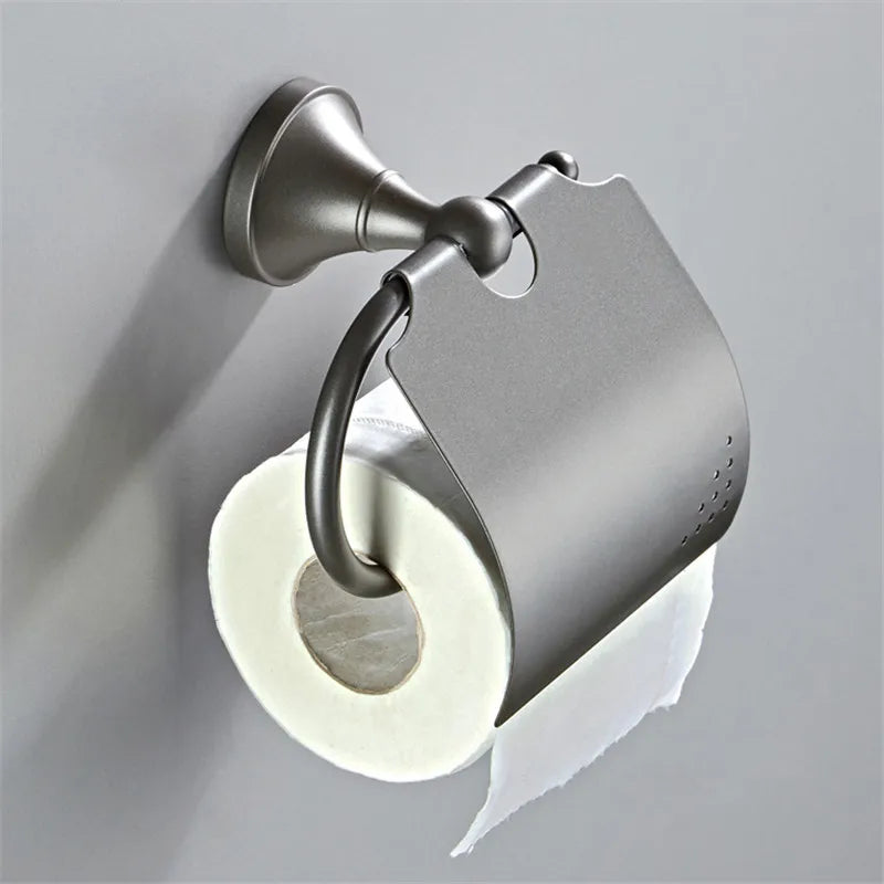 DecorBites™ Gray Bathroom Accessories Set: Towel Rack, Toilet Brush Holder, Shelf, Soap Dish