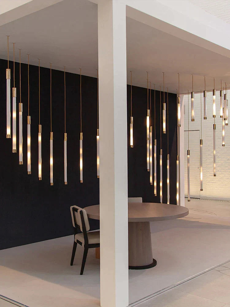 DecorBites™ Golden Tube Chandelier: Modern Designer LED Staircase Light for Nordic Loft Apartment