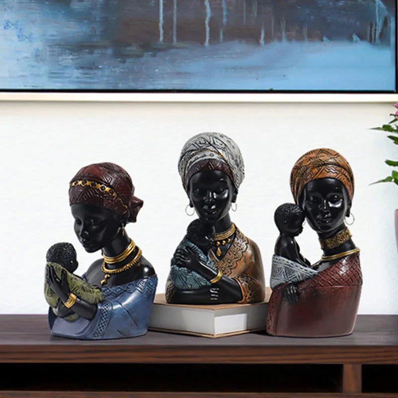 DecorBites™ African Exotic Black Mother And Child Resin Statues Retro Figurines For Home Decor