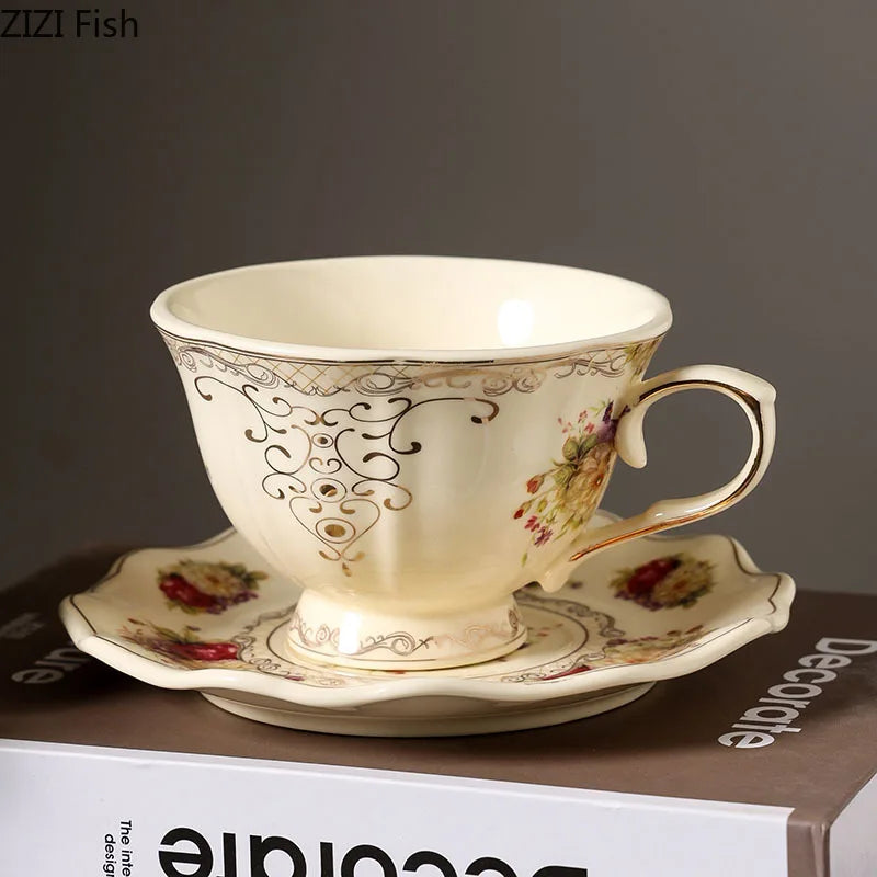 DecorBites™ Lace Edge Flower Ceramic Cup & Saucer Set - Gold-plated Teacup for Dining Table