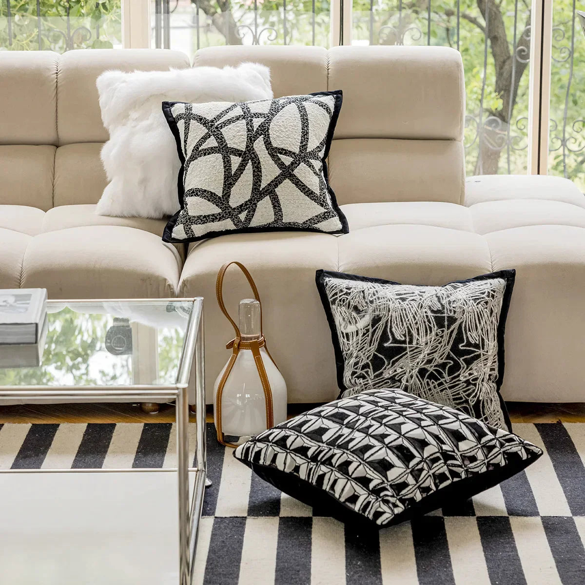 DecorBites™ Geometric Jacquard Embroidered Pillow Cover in Modern Minimalist Black and White Style