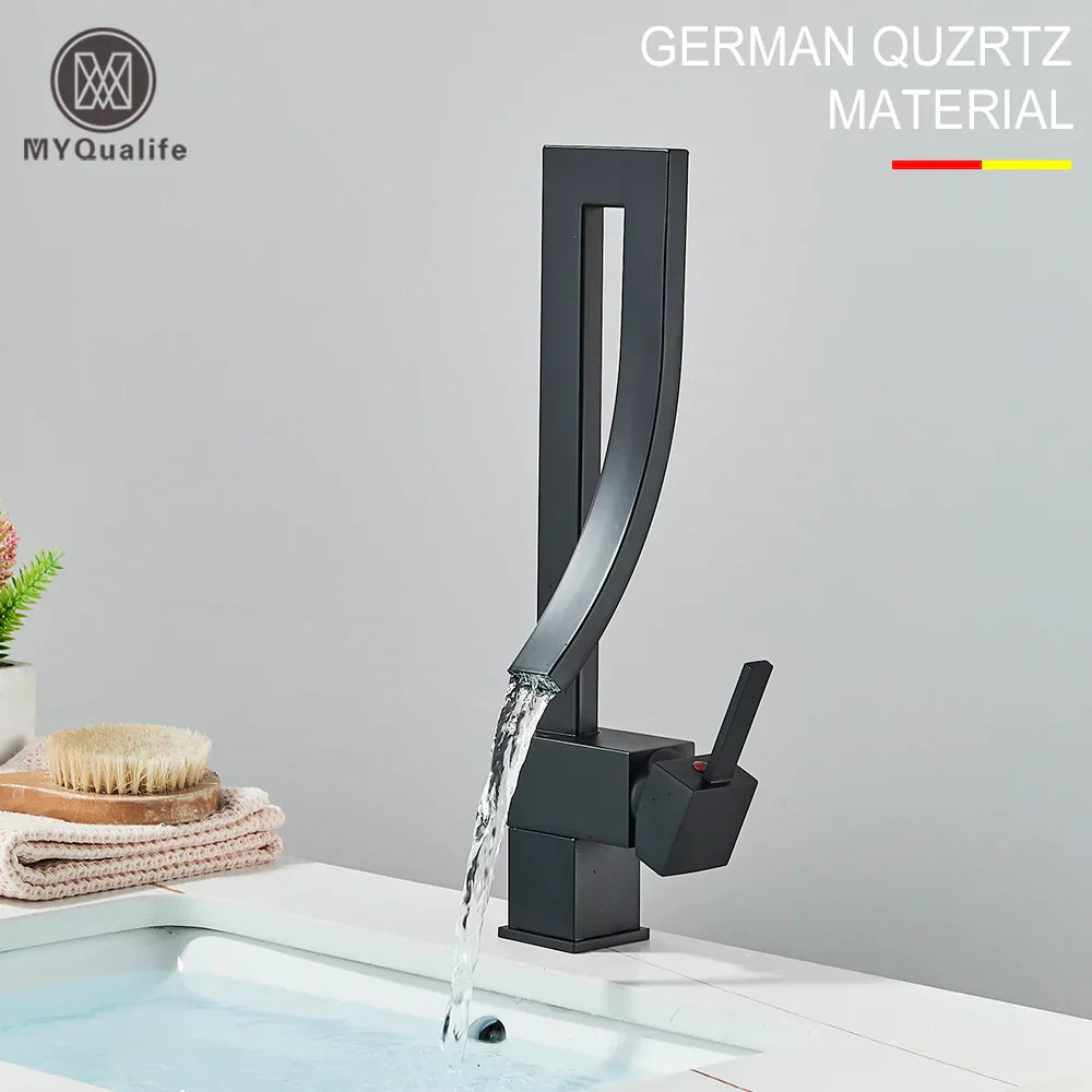DecorBites™ Black Brass Waterfall Basin Faucet with Single Handle Mixer Tap