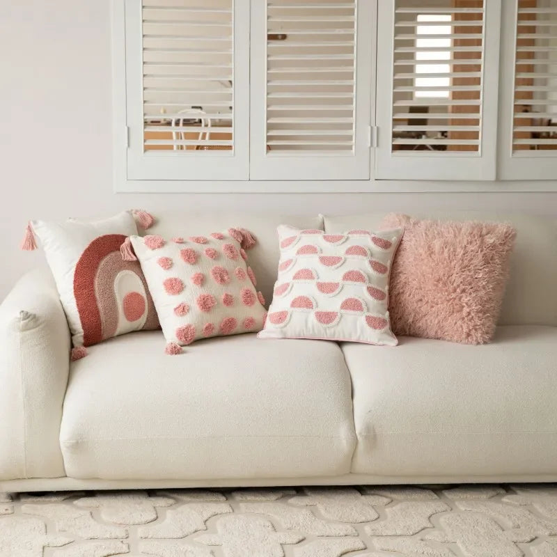 DecorBites™ Geometric Embroidered Loop Tufted Throw Pillow Covers - Pink Tufted Cushion Cover
