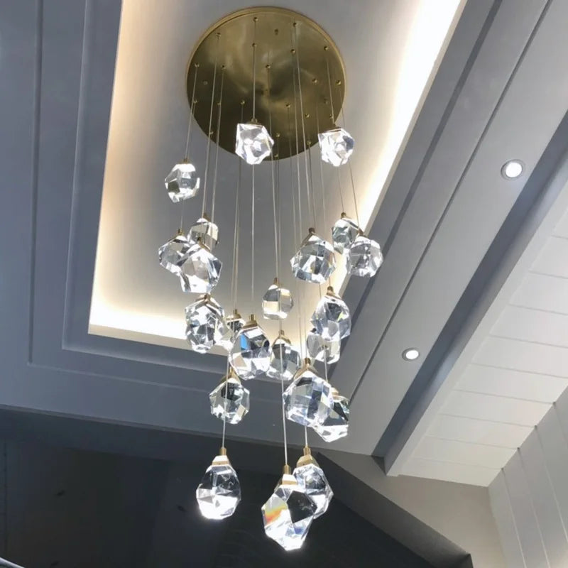 DecorBites™ Diamond Crystal Chandelier Staircase LED Golden Large Living Room Hall Lighting