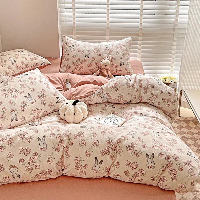 DecorBites™ Cotton Flower Printed Comforter Set: Breathable Double-Layer Yarn, Soft Bedding for Girls