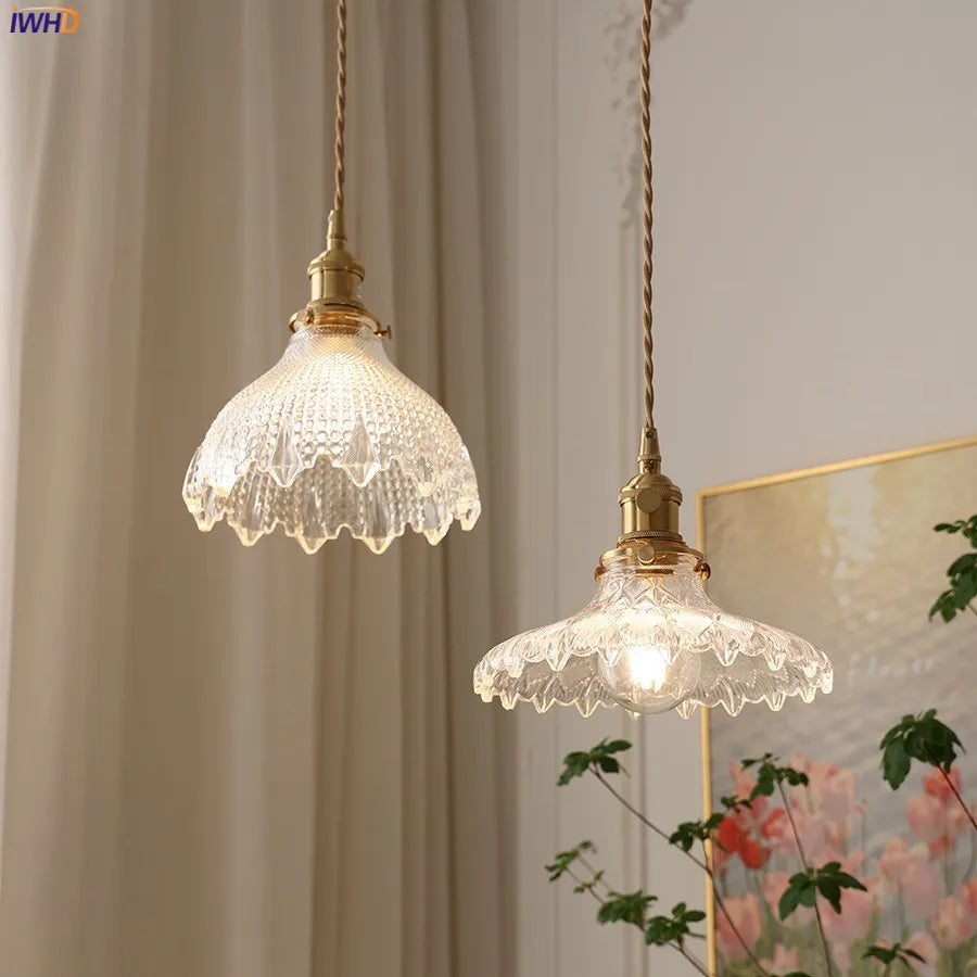 DecorBites™ Green Glass LED Pendant Lamp with Copper Wood Handle for Modern Nordic Home Decor