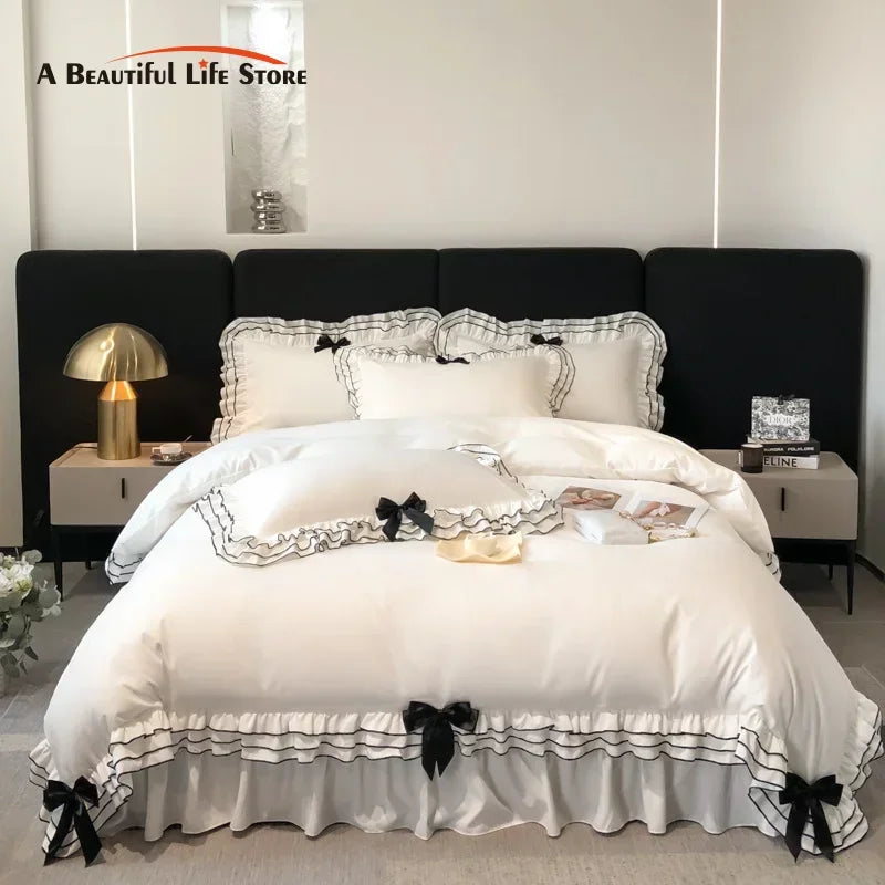 DecorBites™ Korean Lace Ruffles Bedding Set with Black Bow Accent