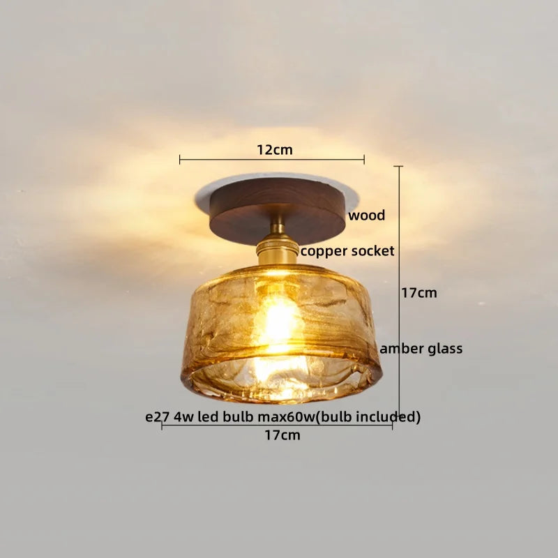 DecorBites™ Green Glass LED Ceiling Lamp Nordic Wood Copper Ceiling Lights