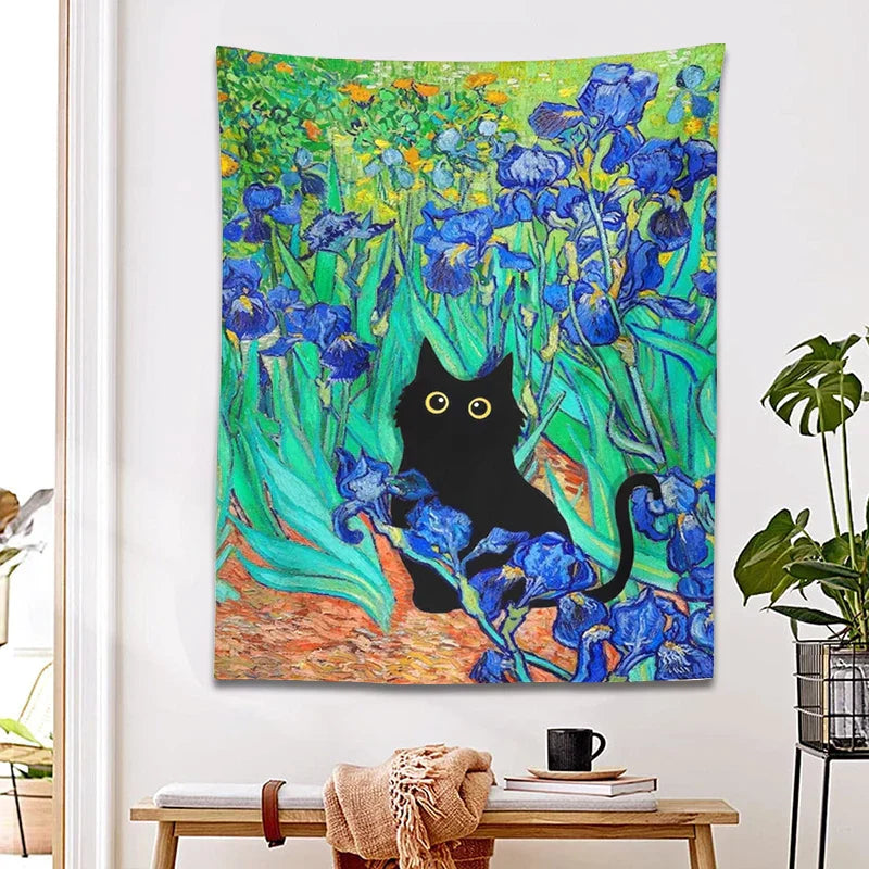 DecorBites™ Irises Cat Tapestry: Van Gogh Inspired Black Cat Art & Floral Print