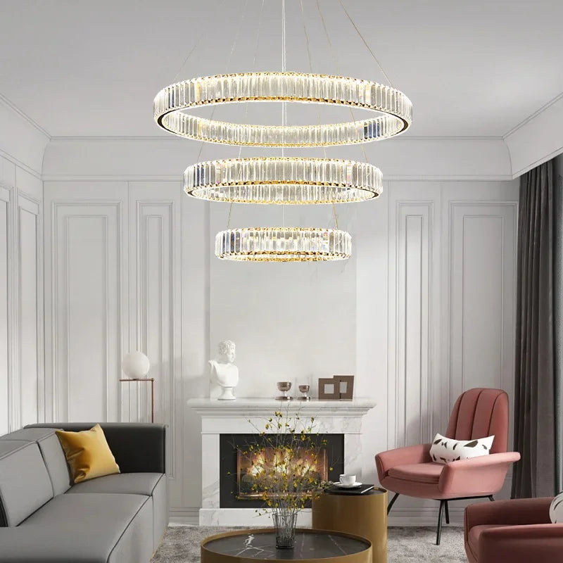 DecorBites™ Crystal LED Chandelier: Modern Steel Pendant Lighting for Luxurious Foyer Decor