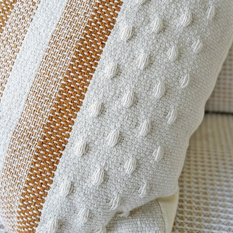 DecorBites™ Ivory Brown Coffee Black Stripe Pillow Case with Tassels 45x45cm 30x50cm 50x50cm