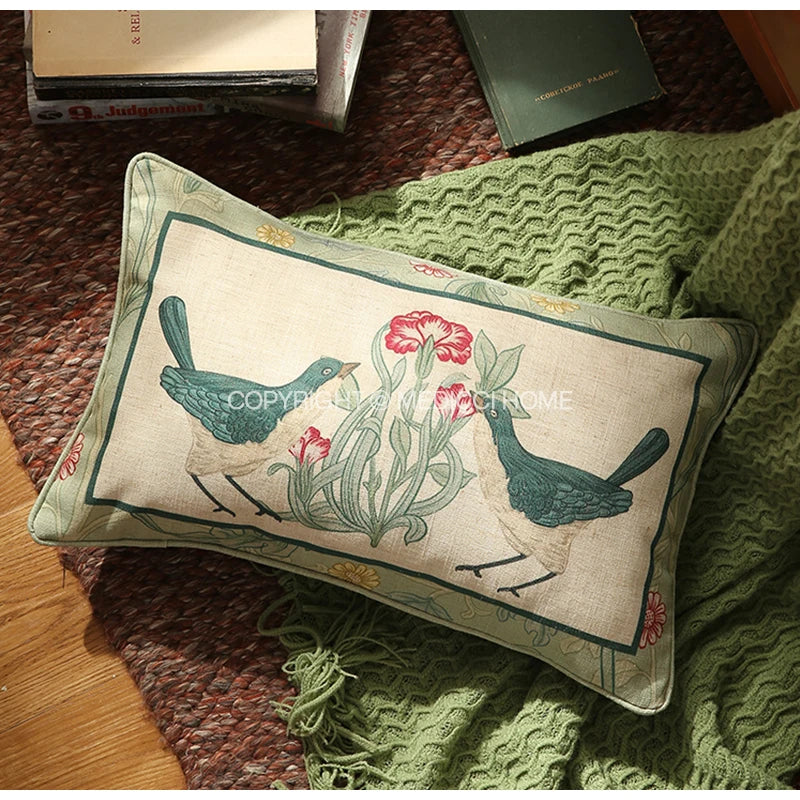 DecorBites™ French Linen Flax Lumbar Pillow Cover Flower Birds Print, Fairy Green