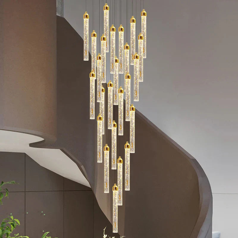 DecorBites™ Crystal Staircase Chandelier LED Modern Interior Designer Gold Attic Lamps