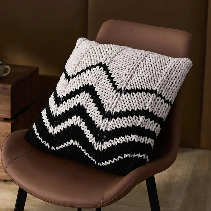 DecorBites™ Geo Knit Stripe Woven Square Pillow 45x45cm Black Ivory Insets