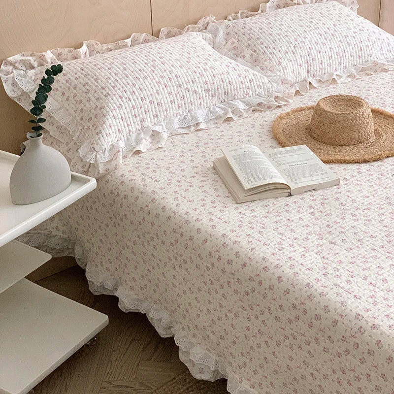 DecorBites™ Korean Princess Floral Lace Ruffles Bedspread Set with 100% Cotton Quilting