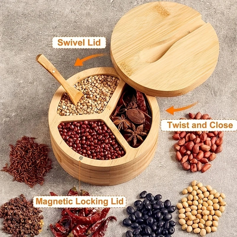 DecorBites™ Bamboo Seasoning Box with Spoon - Rotating Cover Spice Container